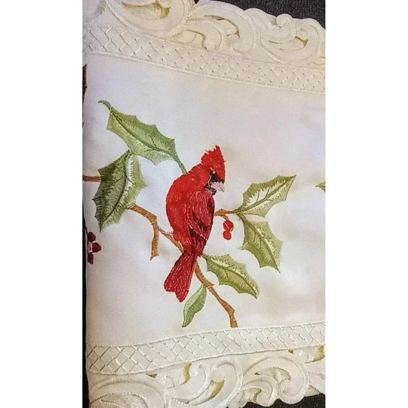 Cardinal‎ Embroidered Table Runner Cardinal & Holly Christmas 69"x13 1/4" - Picture 2 of 3